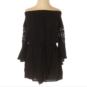 Blush Romper Size M Black Lace Crochet Off The Shoulder Elastic Waist‎ Shorts